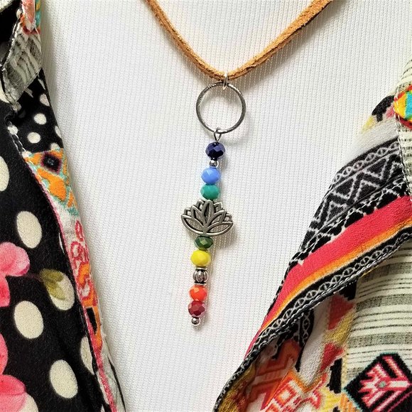 Artisan Hand Crafted Necklace Chakras Rainbow Color Silver Lotus Faux Suede Cord - Picture 5 of 9